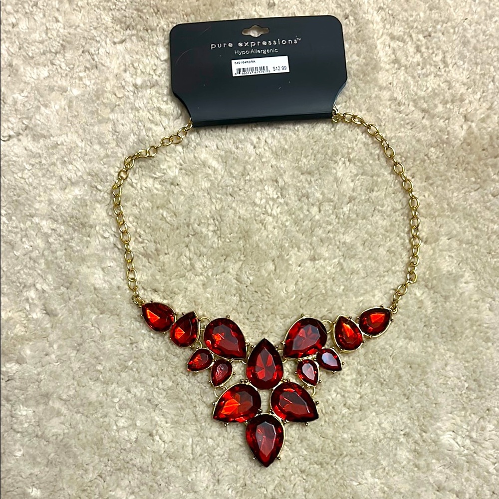 🍪Pure Expressions Red and Gold Statement Necklace 18” NWT